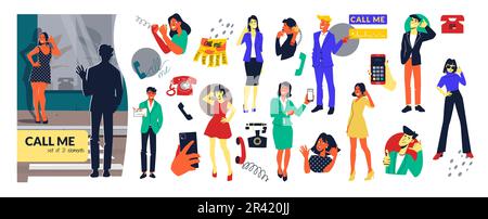 Appelez-moi téléphone plat icône ensemble beau élégant hommes et femmes flirting et gestantes pour une illustration de vecteur d'appel Illustration de Vecteur