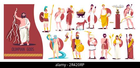 Les dieux Olympiens isolé plat icône ensemble différentes figures de dieux et de guerriers grecs illustration vectorielle Illustration de Vecteur