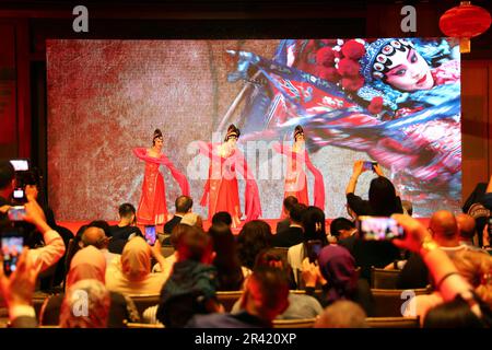 Le Caire, Égypte. 25th mai 2023. Les gens regardent des spectacles de danse traditionnelle chinoise lors d'un événement culturel du thé chinois au Caire, en Égypte, sur 25 mai 2023. Un salon culturel sur le thème du thé a eu lieu jeudi dans la capitale égyptienne du Caire, où plus de 200 personnes se sont réunis pour goûter le célèbre thé chinois, découvrir l'art du thé et apprécier des spectacles culturels. Credit: Sui Xiankai/Xinhua/Alay Live News Banque D'Images