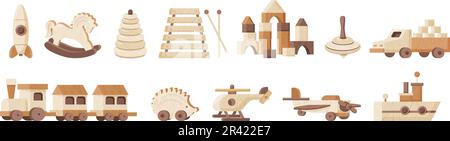 Vintage jouets en bois plat avec hélicoptère Whirligig fusée pyramide navire train isolé illustration vectorielle Illustration de Vecteur