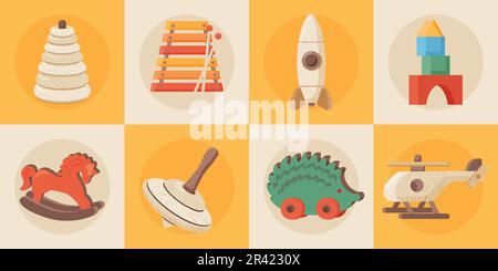 Vintage jouets en bois plat carrés icônes démontrant des cubes hélicoptère Whirligig fusée pyramide vecteur illustration Illustration de Vecteur