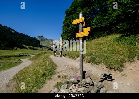 Randonneurs et panneau indicatif, excursion sur les lacs Ayous, Parc National des Pyrénées, Pyrénées Atlantiques, France. Banque D'Images