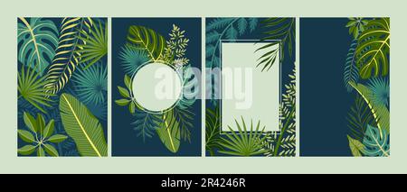 Jeu de cartes avec cadres de style plat avec feuilles tropicales vertes illustration vectorielle isolée Illustration de Vecteur