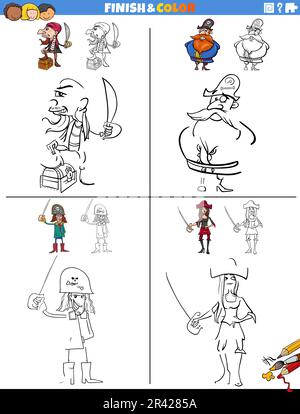 Jeu de feuilles de travail de dessin et de coloriage avec des pirates Banque D'Images