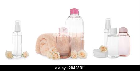 Set avec des bouteilles d'eau de nettoyage micellaire sur fond blanc Banque D'Images