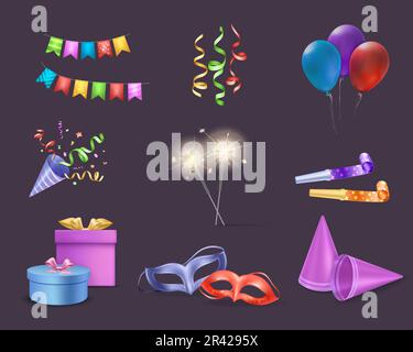 Ensemble fête avec ballons et rubans symboles Illustration vectorielle isolée réaliste Illustration de Vecteur