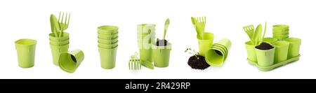 Collage de pots et outils de jardinage en plastique vert avec sol sur fond blanc Banque D'Images