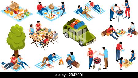 Icônes de barbecue isométriques avec des personnes ayant pique-nique à l'extérieur illustration vectorielle isolée Illustration de Vecteur