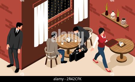 Composition d'agent secret isométrique avec espion ayant une réunion confidentielle dans l'illustration de vecteur de café Illustration de Vecteur