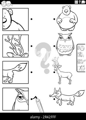 Faites correspondre les animaux de la ferme de dessin animé et les coupures de jeu de coloriage page Banque D'Images