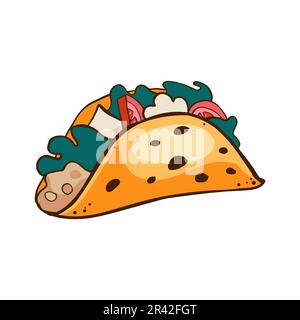 Taco avec viande et légumes, icône en forme de dessin animé sur fond blanc Illustration de Vecteur