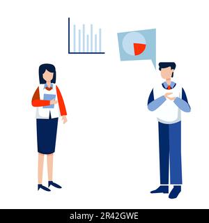 Homme d'affaires et femme parlant de statistiques. Illustration vectorielle de style plat Illustration de Vecteur