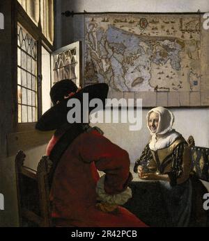 Soldat et fille en riant peint par le peintre néerlandais de l'âge d'or Johannes Vermeer en 1657 Banque D'Images