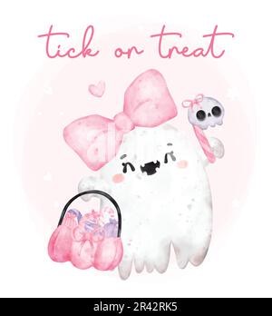 Mignon kawaii rose hallooween Bearuty fantôme avec bonbons panier de citrouille, astuce ou traiter, heureux sourire personnage de dessin animé bootiful aquarelle peint à la main Illustration de Vecteur