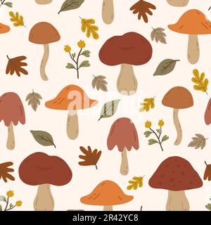 Motif sans couture avec feuilles d'automne et champignons. Arrière-plan répétable avec champignons d'automne, baies et feuillage. Illustration de Vecteur