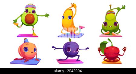 Ensemble de dessins animés de fruit kawaii s'exerçant isolé sur fond blanc. Illustration vectorielle d'avocats, de bananes, de poires, de prune, de cerises et de pêches faisant de l'entraînement de yoga sur le tapis. Un mode de vie sain Illustration de Vecteur