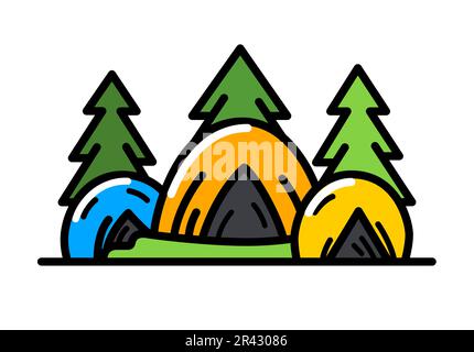 Emblème de tente de camping avec pins. Panneau de camping avec tente dans la forêt. Illustration de Vecteur