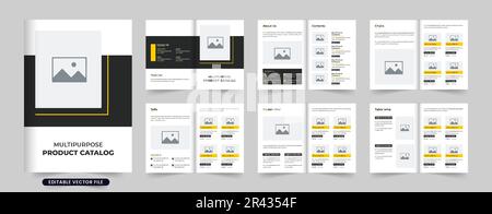 Catalogue de produits multi-usages et vecteur de mise en page de magazine promotionnel avec des couleurs jaune et sombre. Conception de catalogues d'informations sur les produits de l'entreprise. Mobilier Illustration de Vecteur
