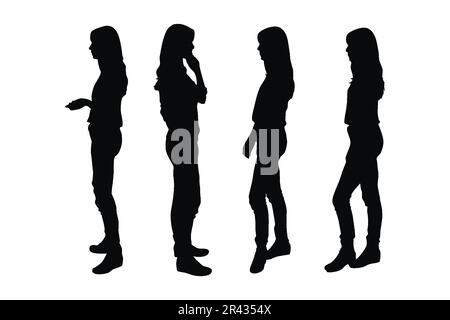 Modèle femelle debout dans une position différente de vecteur de jeu de silhouette. Ensemble de silhouette de femme sur fond blanc. Modèles mode fille avec anony Illustration de Vecteur