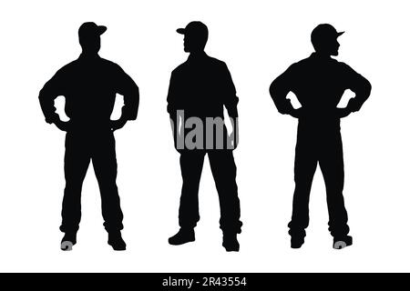 Silhouette de menuisier mâle sur fond blanc. Les hommes portent des uniformes et se tiennent debout dans différentes positions. Hommes de menuisier anonymes Illustration de Vecteur