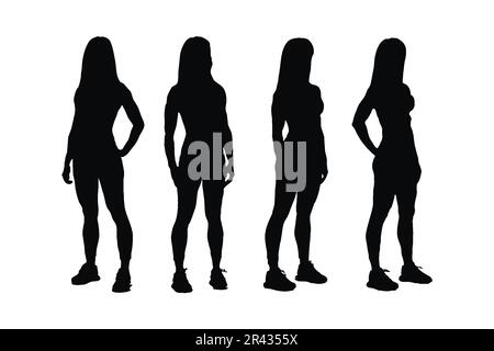 Bodybuilders anonymes et gymnastes féminins debout dans différentes positions. Silhouette féminine de gymnaste et de bodybuilder sur fond blanc. Femme Illustration de Vecteur