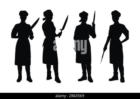 Girl pirates avec des visages anonymes, et silhouettes de corps entier. Bouchers femelles dans différentes positions avec couteaux de boucherie. Femme pirates avec Illustration de Vecteur