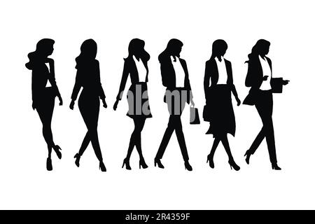 Vecteur de silhouette d'employé de bureau et comptable féminin. Ensemble de silhouette femme d'affaires debout dans différentes positions. Modèle féminin moderne coll Illustration de Vecteur