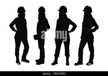 Collection de tenues de femme portant un maçon debout et portant un uniforme de silhouette. Anonyme fille handyman et bricklayer silhouette set vecteur. Maçon femme modèles wi Illustration de Vecteur