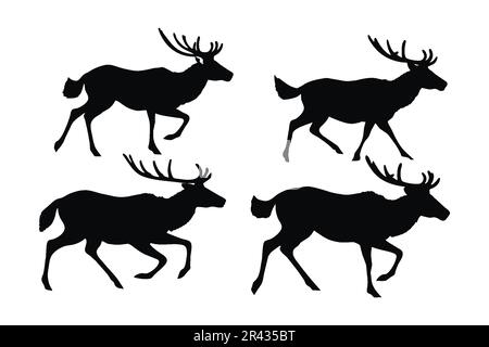 Ensemble de silhouette de course à pied à motif cerf. Motif vectoriel en buck sauvage sur fond blanc. Collection de silhouettes Gazelle debout dans différentes positions. S Illustration de Vecteur
