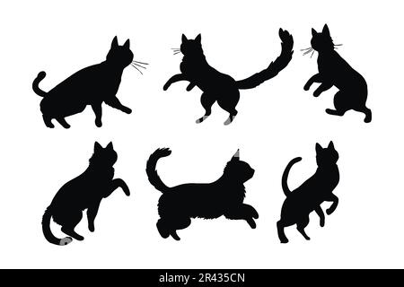 Ensemble de silhouette de chat jumpant mignon. Joli motif chat à la maison sur fond blanc. Chat debout dans différentes positions silhouette collectio Illustration de Vecteur