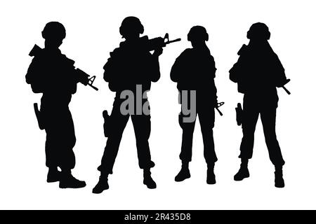 Femmes soldats debout avec la collection silhouette de fusils d'assaut. Anonyme fille infanterie et militaire silhouette set vecteur. Modèles militaires féminins avec Illustration de Vecteur