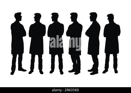 Hommes médecins portant des uniformes ensemble silhouette vecteur sur un fond blanc. Collection de silhouettes pour chirurgien debout dans différentes positions. Médecin Illustration de Vecteur