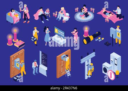 Une coupure de courant isométrique est définie sur fond bleu avec des icônes isolées des techniciens et des consommateurs de panneaux d'alimentation illustration vectorielle Illustration de Vecteur