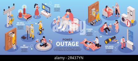 Infographies de coupure de courant isométrique avec icônes isolées des unités d'alimentation et des techniciens effectuant la maintenance avec illustration vectorielle textuelle Illustration de Vecteur