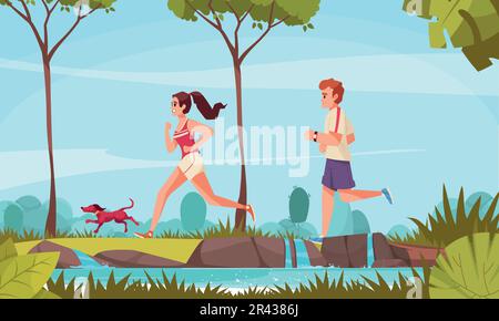 Concept de dessin animé de coureur de ville avec jeune couple en train de courir dans l'illustration de vecteur de parc Illustration de Vecteur