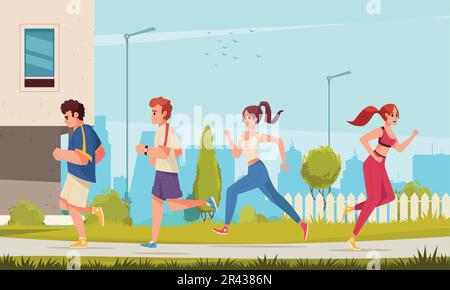 Concept de dessin animé de coureur urbain avec des jeunes courir en plein air illustration vectorielle Illustration de Vecteur