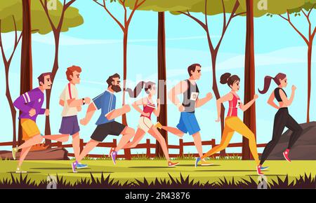 Concept de dessin animé de coureur urbain avec un groupe de jeunes courir en plein air illustration vectorielle Illustration de Vecteur