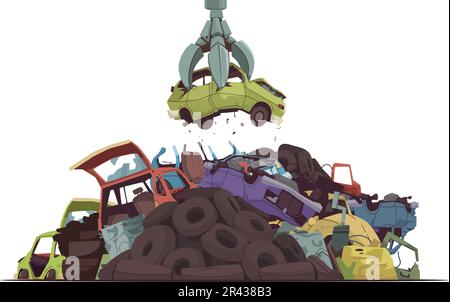 Concept de dessin animé de décharge de voiture avec illustration de vecteur d'équipement d'écrasement automatique Illustration de Vecteur