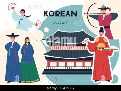 Composition de famille royale avec collage de personnages humains plats en costumes traditionnels bâtiment pagode et illustration de vecteur de texte Illustration de Vecteur