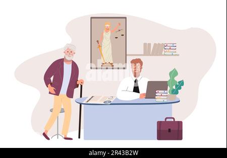 Composition à plat de notaire avec vue intérieure du bureau d'avocats avec client âgé et employé document de travail illustration vectorielle Illustration de Vecteur