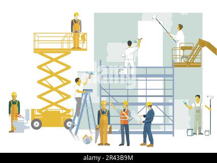 Chantier de construction avec artisans, architectes, illustration Illustration de Vecteur