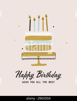 Carte de voeux pour joyeux anniversaire. Gâteau de fête à paillettes avec bougies. Illustration vectorielle de style simple dessiné à la main Illustration de Vecteur