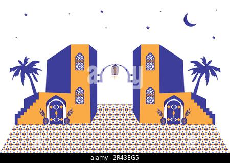 Décor marocain minimaliste, maison, porte, escalier et mosaïque traditionnelle. Ensemble de fenêtres et de portes islamiques. Illustration de Vecteur