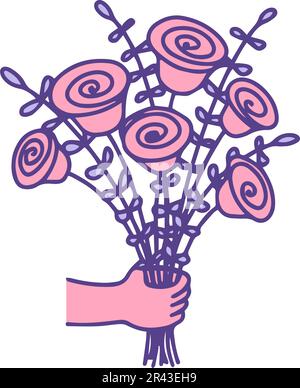 Une main tenant un bouquet de fleurs de ranunculus et de roses. Illustration vectorielle fleuriste pour la carte, la célébration de mariage. Illustration de Vecteur