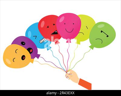 Main tenant des ballons colorés avec différentes expressions du visage Illustration de Vecteur