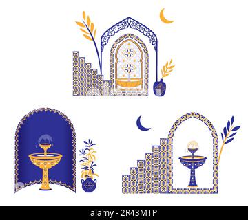 Scène marocaine, maison, porte, fenêtre et mosaïque traditionnelle. Ensemble de fenêtres et de portes islamiques. Silhouette de porte et de fenêtre arabes. Illustration de Vecteur