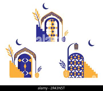 Scène marocaine, maison, porte, fenêtre et mosaïque traditionnelle. Ensemble de fenêtres et de portes islamiques. Silhouette de porte et de fenêtre arabes. Illustration de Vecteur