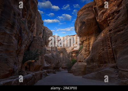 Treasury Al-Khazneh, vue historique en pierre de Petra. Voyage Jordanie, vacances en Arabie. Lumière du soir dans la nature, Jordanie. Arche de paysage en pierre rouge Banque D'Images