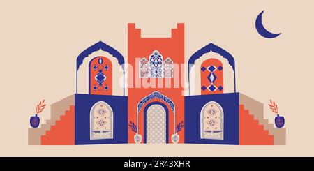 Résumés créatifs minimalistes. Façade de maison ou mosquée avec fontaine, couloir et portail avec arche, plantes intérieures. Illustration vectorielle. Illustration de Vecteur