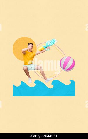 Image affiche bannière collage de plaisir jeune gars avoir du plaisir sur la piscine partie en plein air l'activité aquatique jouant le volley-ball combat Banque D'Images